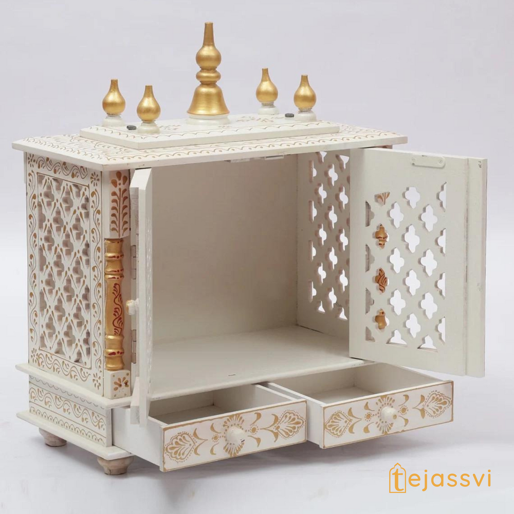 Handmade Wooden Mandir for Home | Wall Hanging Temple with Door | Large Brown Prayer Altar & Pooja Ghar