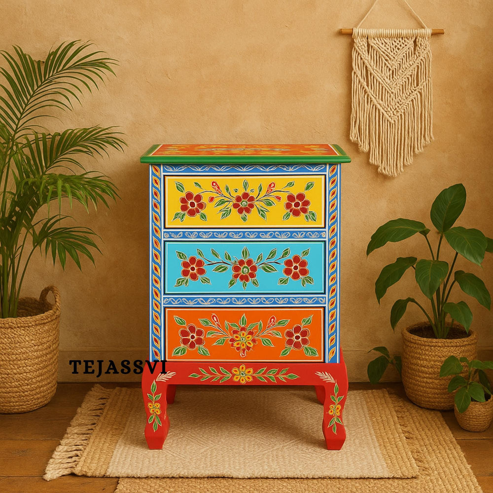 Hand painted Wooden Bedside Table Drawer-Almirah / Bedroom Decorative Night Lamp Stand Table / Beautiful Painted Wooden Cupboard.