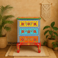 Hand painted Wooden Bedside Table Drawer-Almirah / Bedroom Decorative Night Lamp Stand Table / Beautiful Painted Wooden Cupboard.