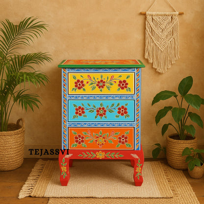 Hand painted Wooden Bedside Table Drawer-Almirah, Bedroom Decorative Night Lamp Stand Table, Beautiful Painted Wooden Cupboard.