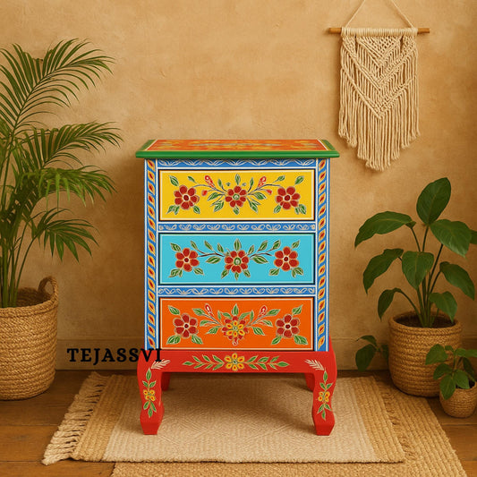Hand painted Wooden Bedside Table Drawer-Almirah, Bedroom Decorative Night Lamp Stand Table, Beautiful Painted Wooden Cupboard.