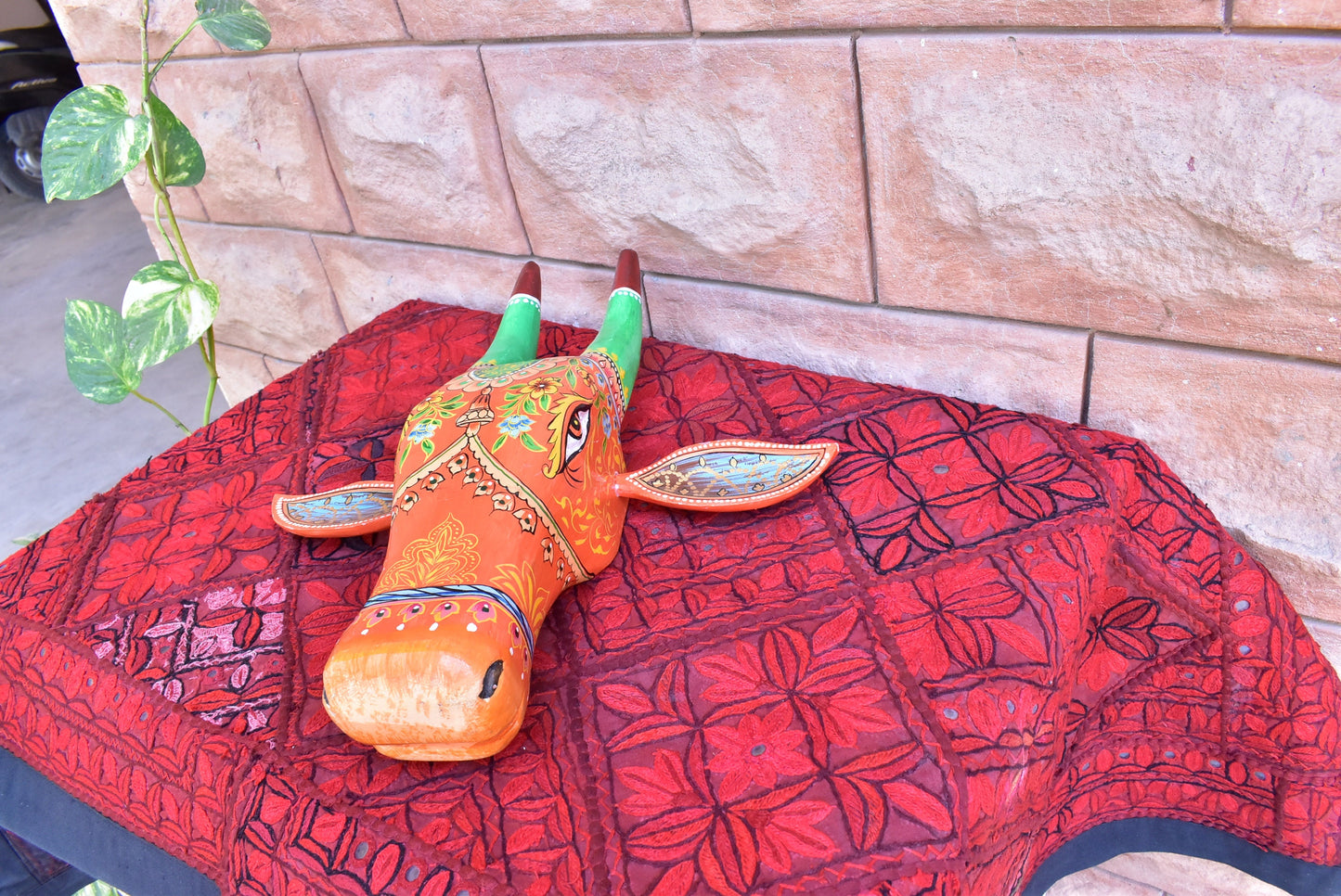 16" Large Wooden Painted Cow Head | Bull | Nandi Head Mask Wall Décor. Wooden Wall Hanging. Ethnic Indian Rajasthani Art.