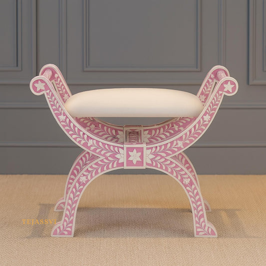 HANDMADE BONE INLAY Floral Pink Jenny Stool | Bone Inlay chair | Modern Luxury Furniture/ wooden Bone Inlay chair .