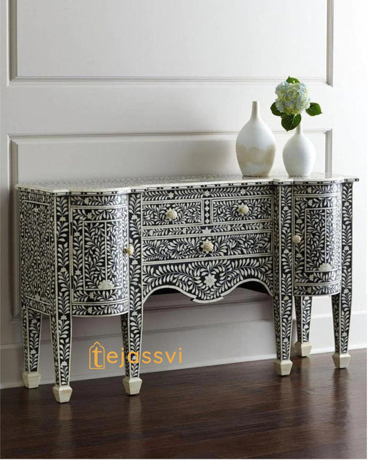 Handmade Bone inlay Sideboard table in Black Color | Bone Inlay Luxury Buffet table | Media Console & TV Unit, Storage floral  Cabinet .