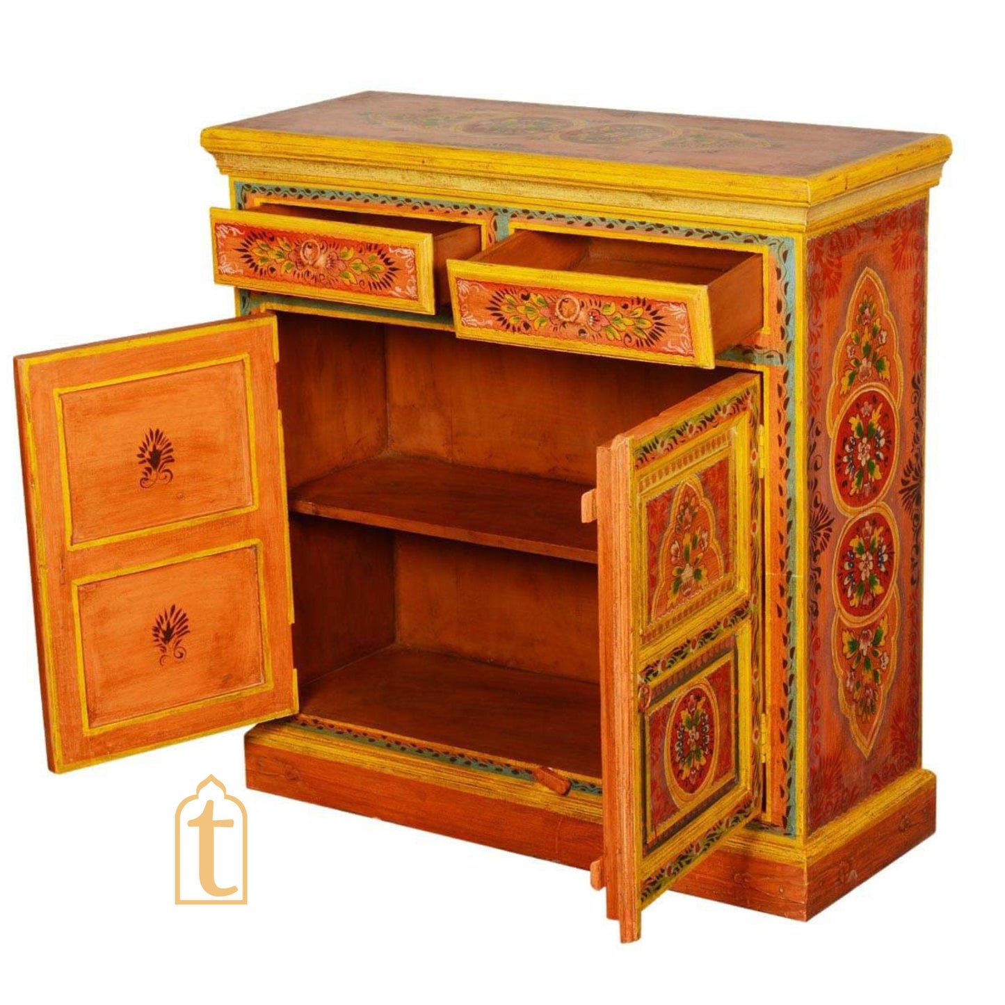 2 Drawer Hande Painted Storage Cabinet/Hand Painted Mango Wood  Large Chest of Drawers for Living Room/Traditional Side Table with Drawers.