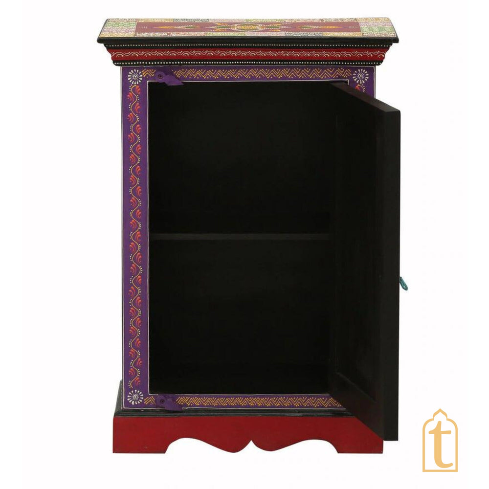 Hand Painted Solid Wood Embossed Bedside Cabinet In Multi Color, Nightstand hand paint night lamp stand.