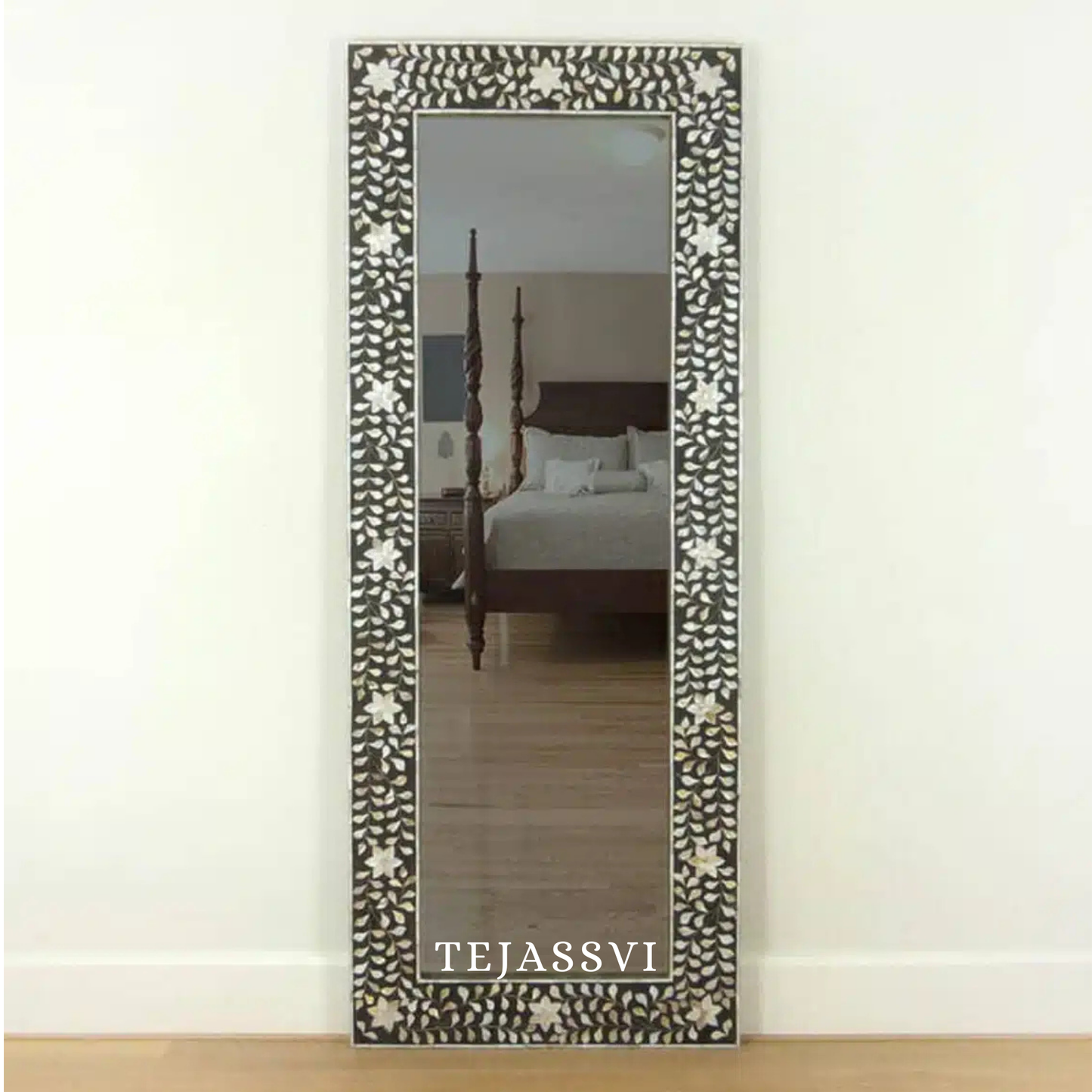 MOP Inlay Large Mirror Black Resin Wall Hanging Décor Mirror for Home