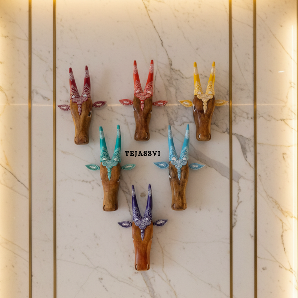 SET of 6 Wooden Painted Cow Head | Bull | Nandi Head Mask Wall Décor. Wooden Wall Hanging. Ethnic Indian Art.
