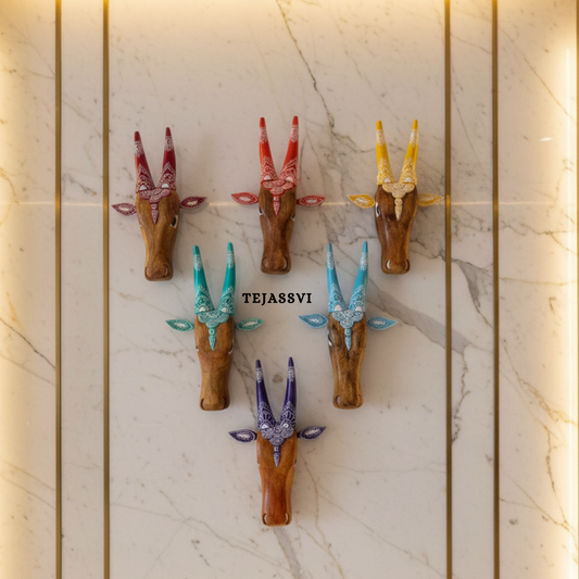 SET of 6 Wooden Painted Cow Head 16 Inches | Bull | Nandi Head Mask Wall Décor. Wooden Wall Hanging. Ethnic Indian Art.