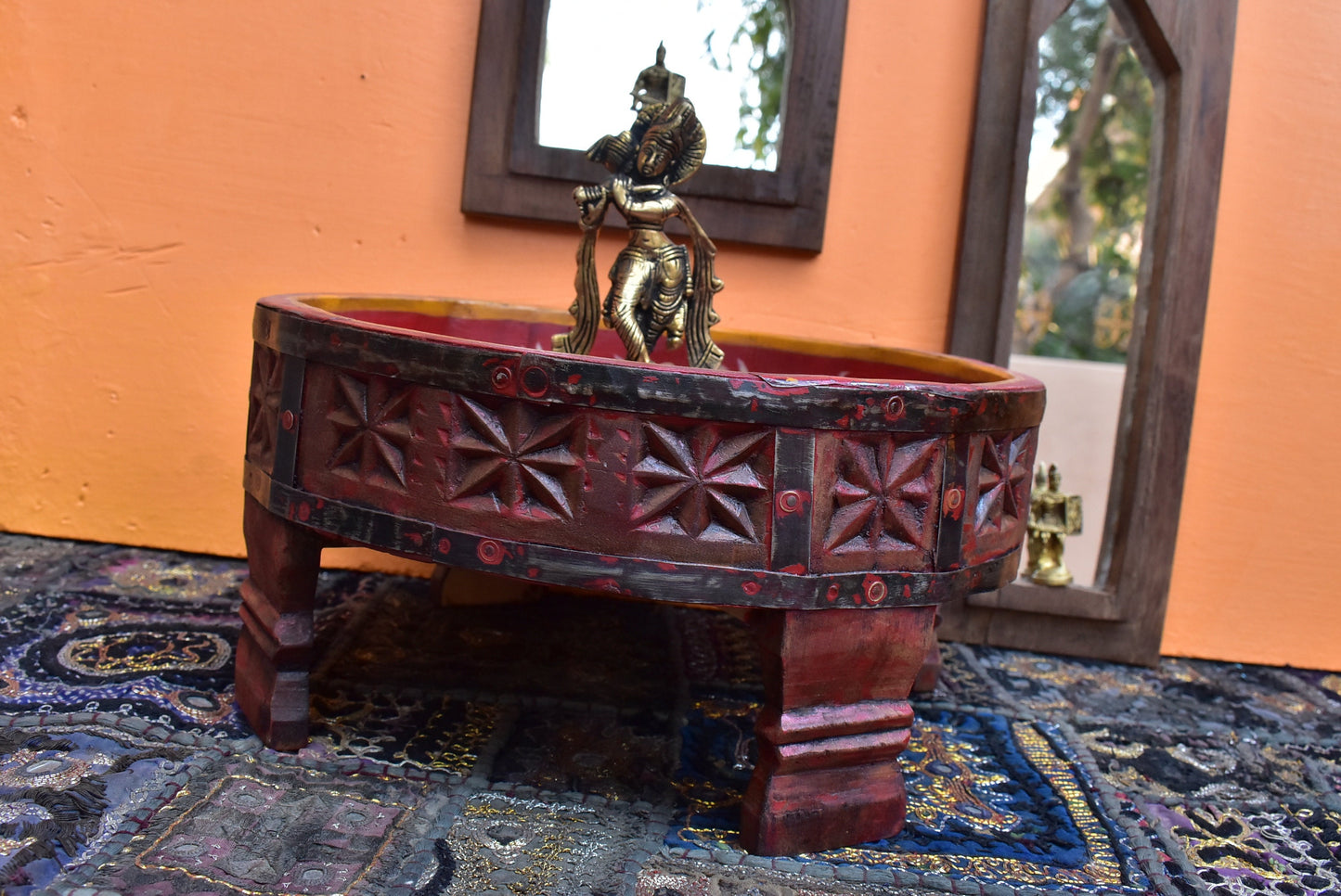 Wood Flower Hand painted Round Chakki Table ,Coffee table, Wood Side Grinder Table ,Indian Central Table Home art Furniture Decor table.