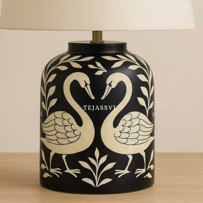 Wooden Bone Inlay Floral and swan Pattern Lamp for Bedroom / Bone Inlay Bed Room Lamp / Bedroom Décor Lamp / Handmade Inlay Table Lamp Home Decor Accent Light