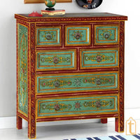 Indian Hand Painted Green Garden Mango Wood Chest of 7 Drawers / Large Chest of Drawer for Living Room | Traditional Side Table with Drawers.