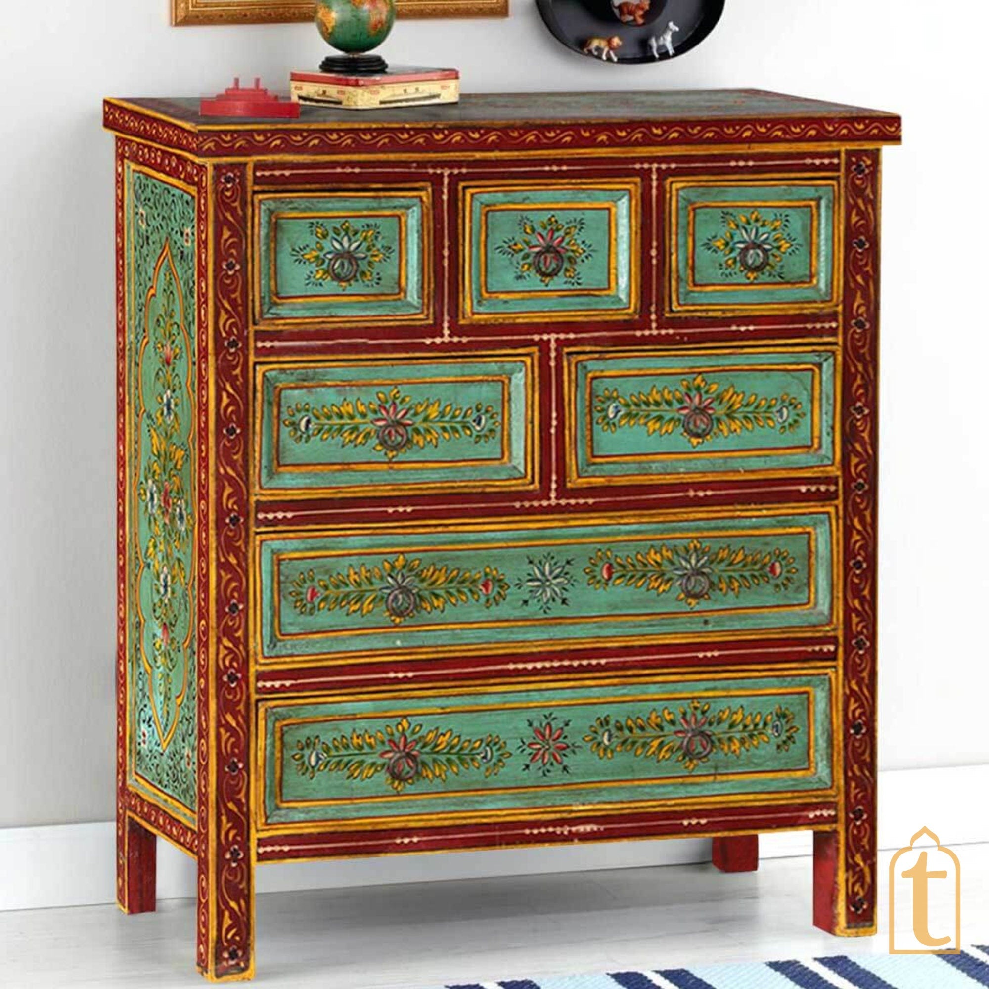 Indian Hand Painted Green Garden Mango Wood Chest of 7 Drawers / Large Chest of Drawer for Living Room | Traditional Side Table with Drawers.