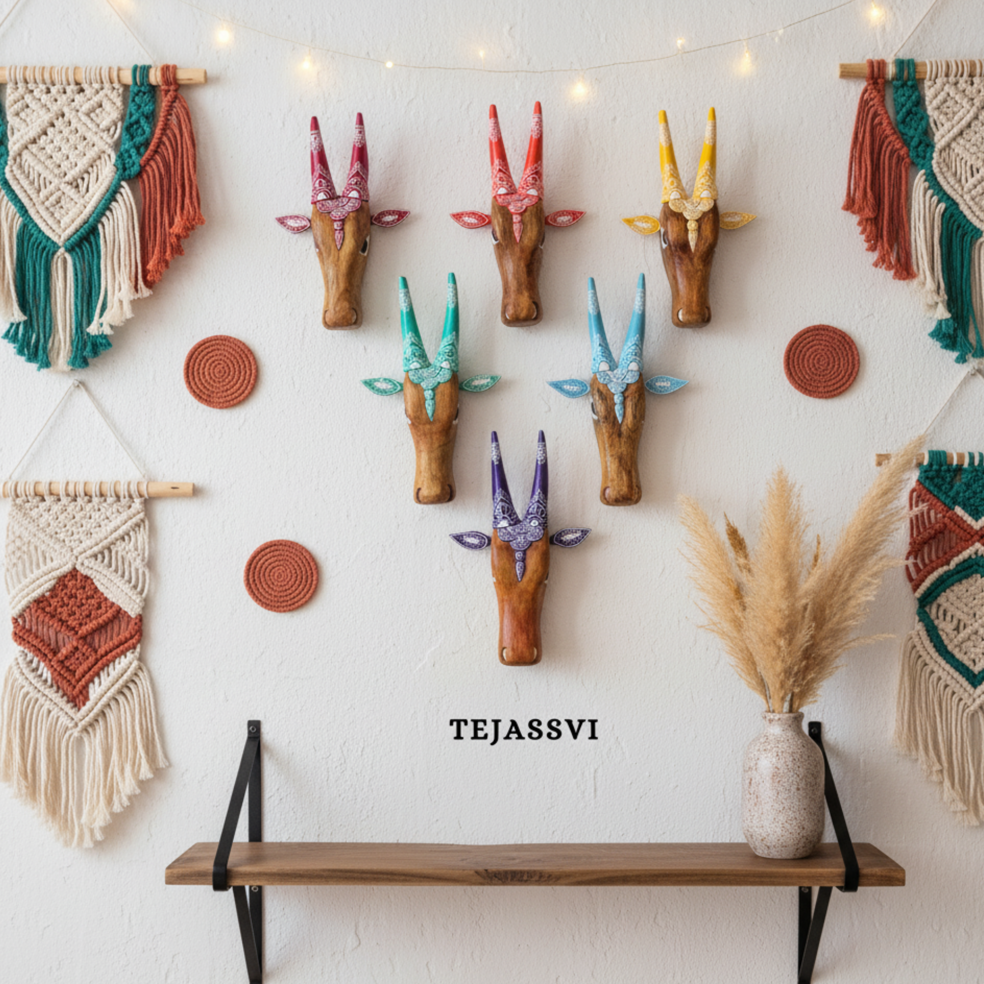 SET of 6 Wooden Painted Cow Head | Bull | Nandi Head Mask Wall Décor. Wooden Wall Hanging. Ethnic Indian Art.