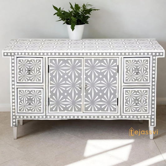 Wooden Handmade Bone Inlay Sideboard | Bone inlay 4 Drawer 1 Door Dresser/Storage Cabinet | Bone Inlay Sideboard Snow In Grey.
