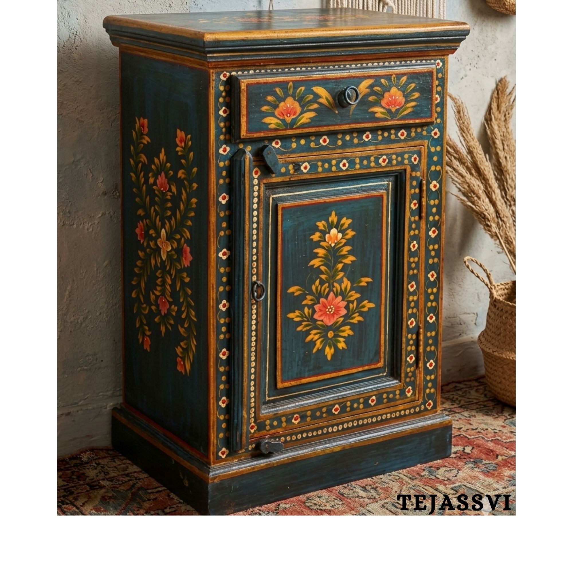 Indian Floral Designed Side Storage / Big Cabinet / Hand Painted Furniture / Wooden Big Cabinet / Living Room Furniture.