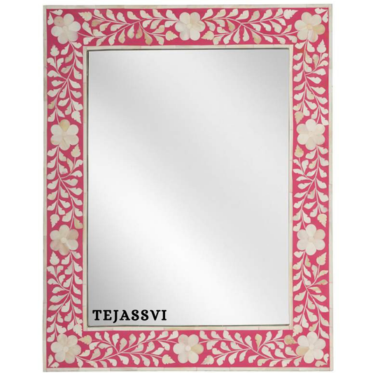 Bone Inlay floral design Pink Color Wall Hanging Large Mirror  / wooden bone inlay wall mirror / Wall Décor / Wall Hanging .