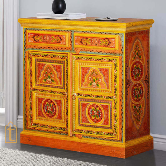 2 Drawer Hande Painted Storage Cabinet/Hand Painted Mango Wood  Large Chest of Drawers for Living Room/Traditional Side Table with Drawers.