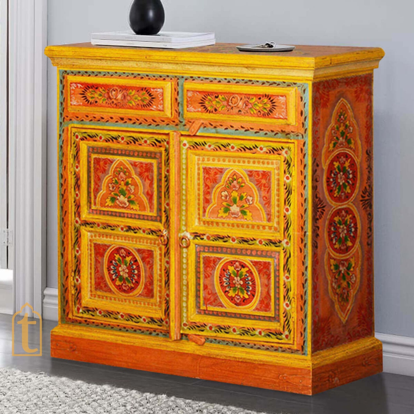 2 Drawer Hande Painted Storage Cabinet/Hand Painted Mango Wood  Large Chest of Drawers for Living Room/Traditional Side Table with Drawers.