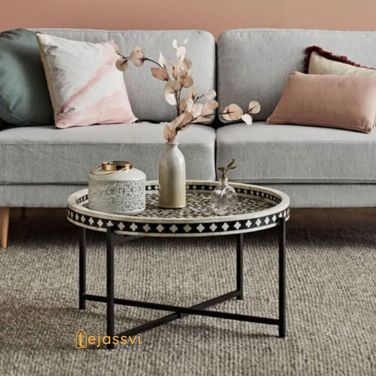 Bone Inlay Tray Coffee Table in Black & White Finish | Center table, BONE INLAY Round End TABLE, Floral design Cocktail Table.