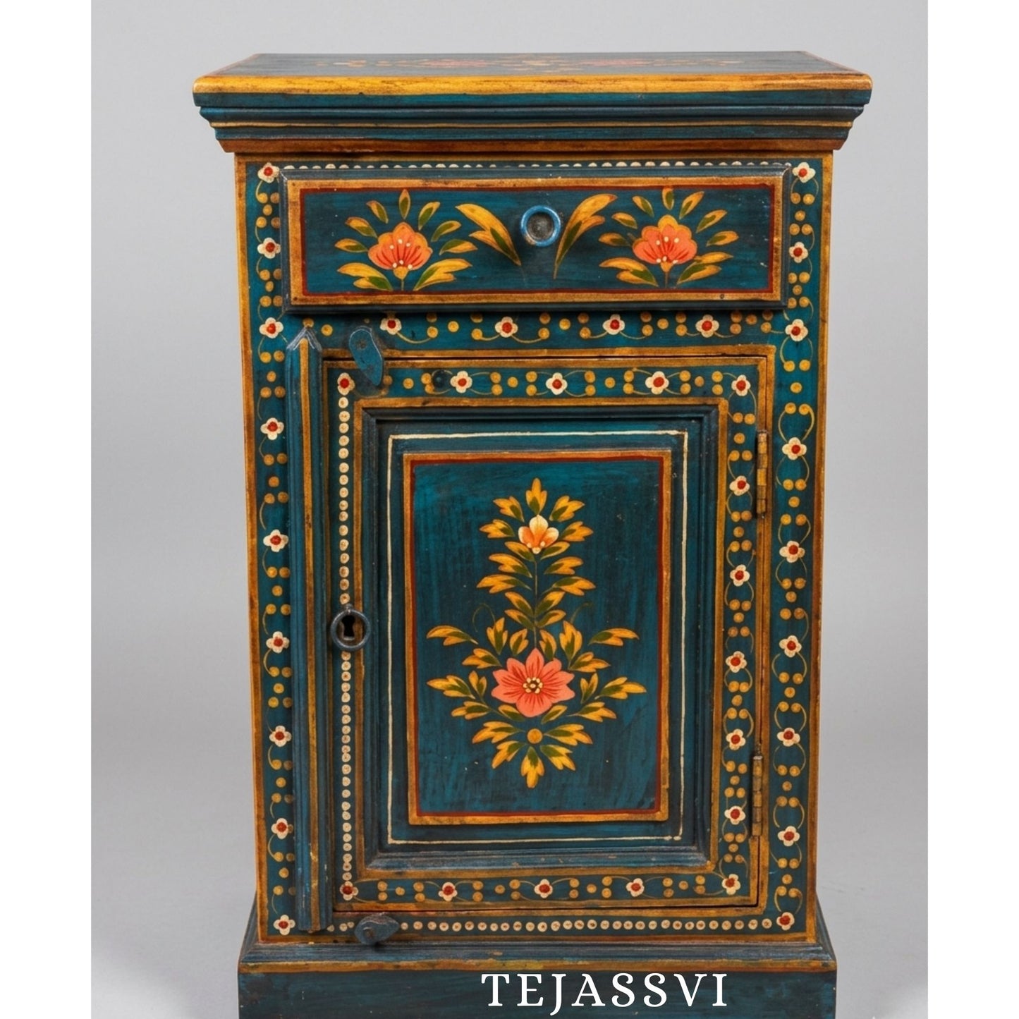 Indian Floral Designed Side Storage / Big Cabinet / Hand Painted Furniture / Wooden Big Cabinet / Living Room Furniture.
