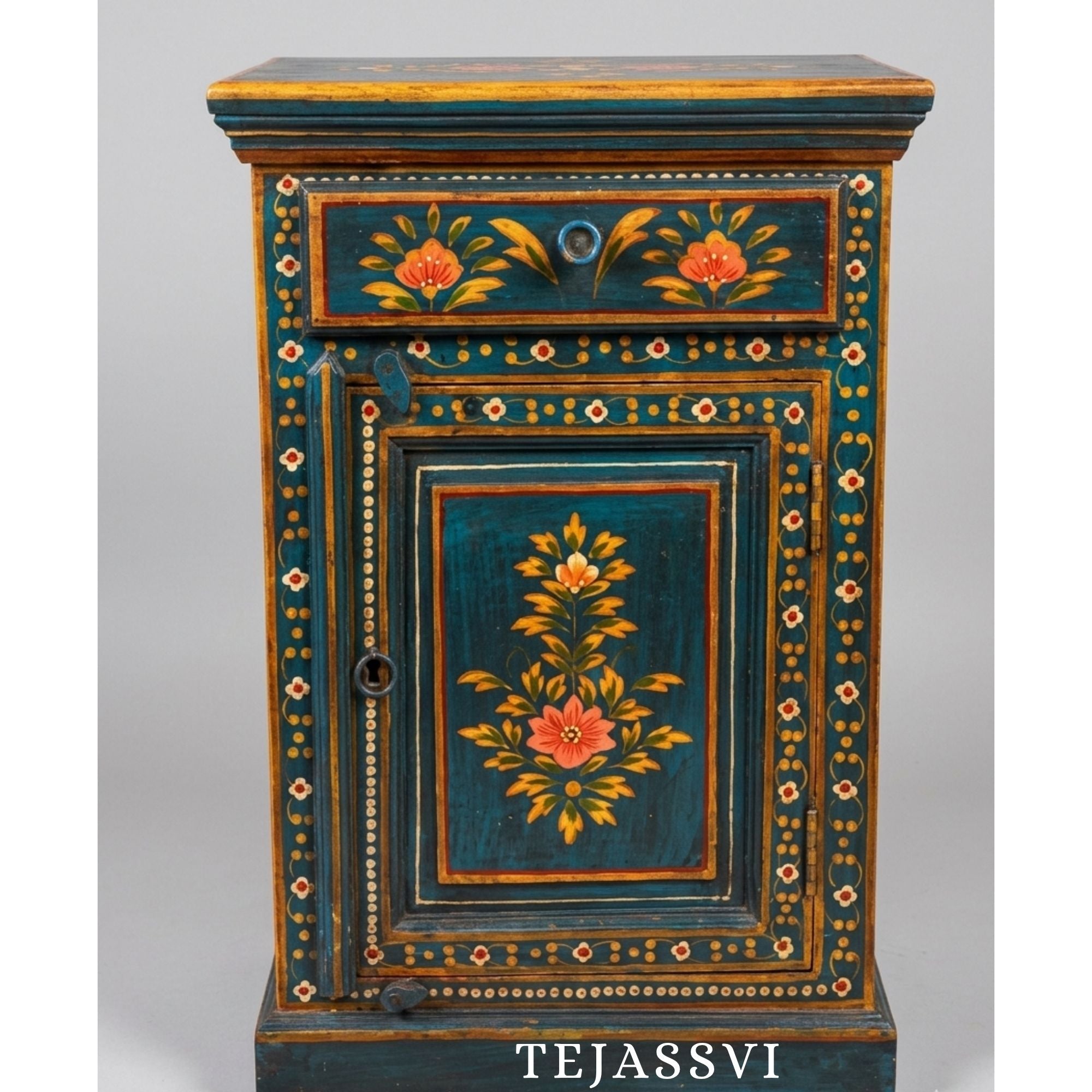 Indian Floral Designed Side Storage / Big Cabinet / Hand Painted Furniture / Wooden Big Cabinet / Living Room Furniture.