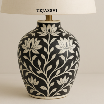 Wooden Bone Inlay Floral Pattern Lamp for Bedroom / Bone Inlay Bed Room Lamp / Bedroom Décor Lamp / Handmade Inlay Table Lamp Home Decor Accent Light