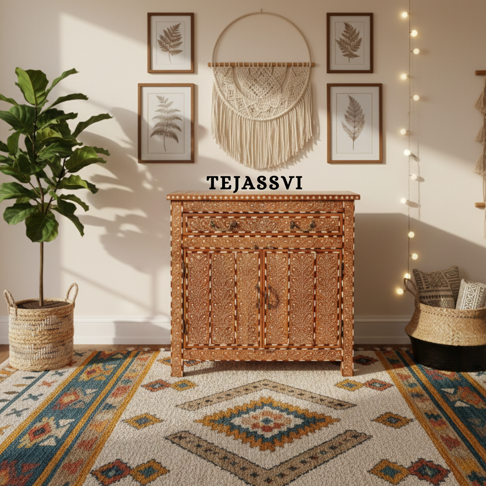 Handmade Wood Bone Inlay Modern Sideboards / Wood Bone Inlay Console | Wood Bone Inlay Cabinet With 2 Drawer & 2 Door Furniture  | Wooden Sideboards | Luxury Furniture.