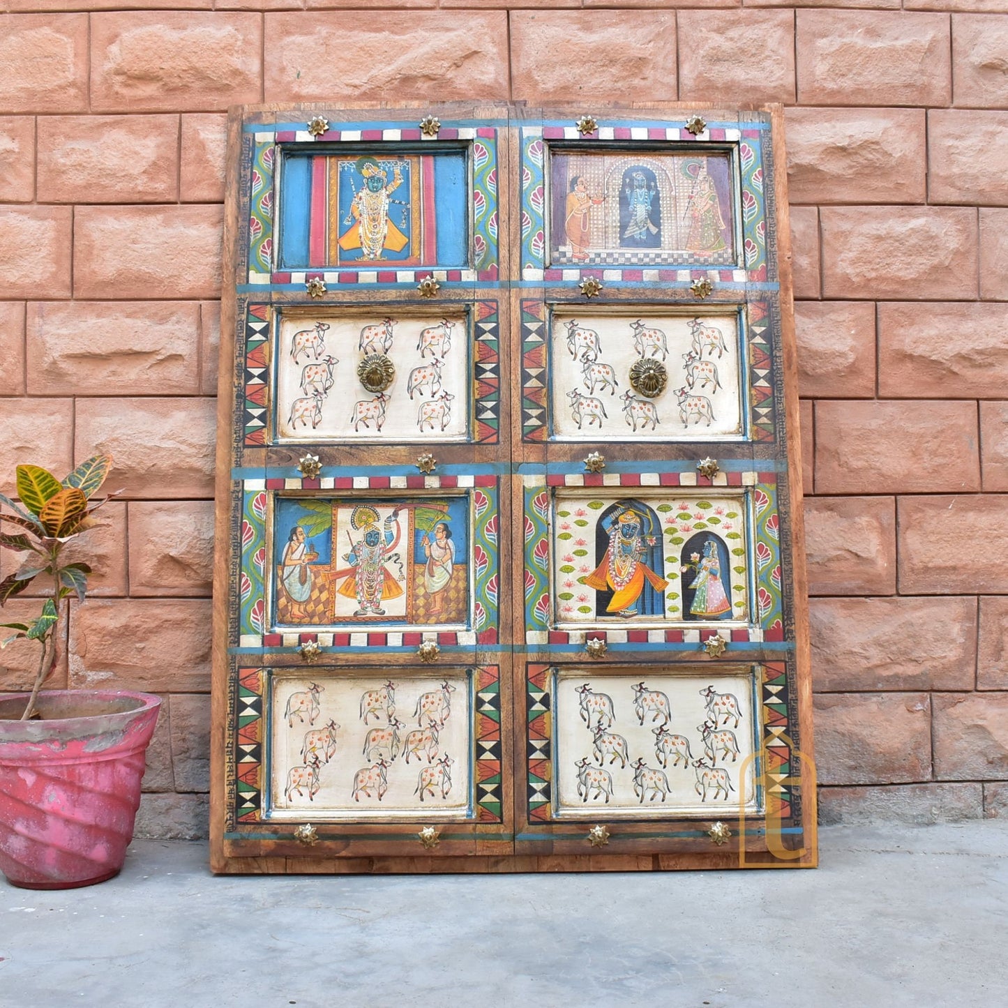 ANTIQUE Indian DOOR | Metal Fitted Hand painted SHRINATH Ji Wall Hanging Wall Panel Home Decor Doors Made From Reclaimed Wood.