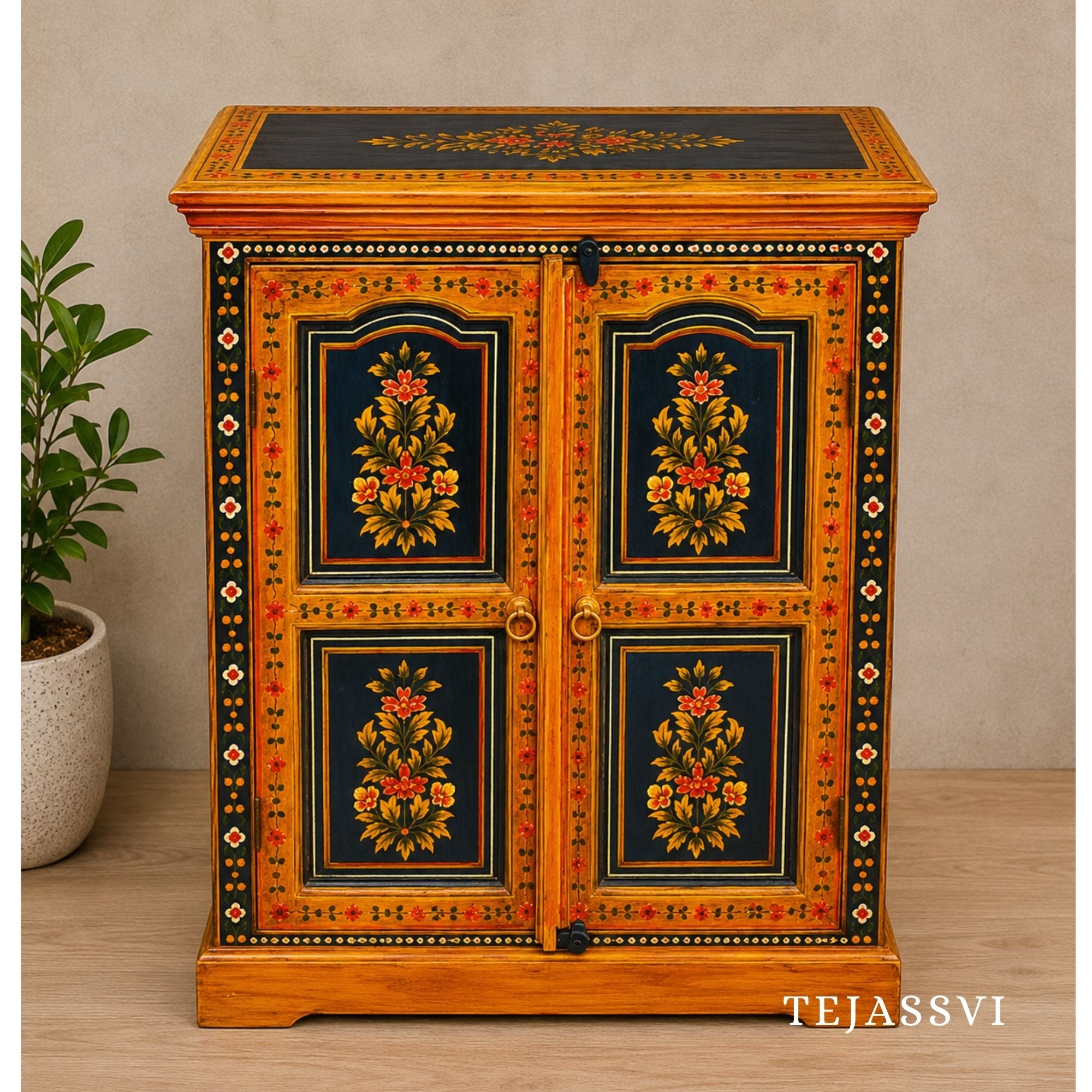 Indian Floral Designed Side Storage / Big Cabinet / Hand Painted Furniture / Wooden Big Cabinet / Living Room Furniture.