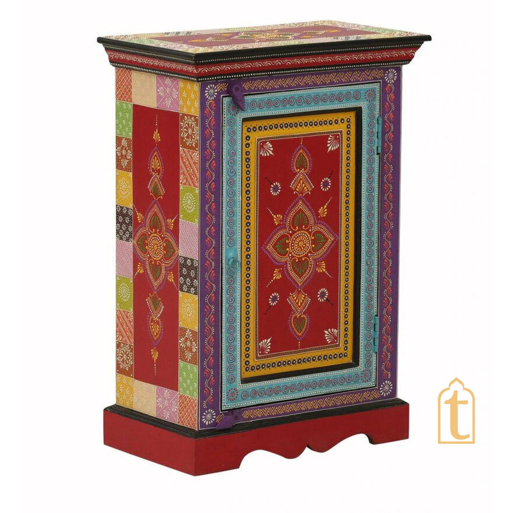 Hand Painted Solid Wood Embossed Bedside Cabinet In Multi Color, Nightstand hand paint night lamp stand.
