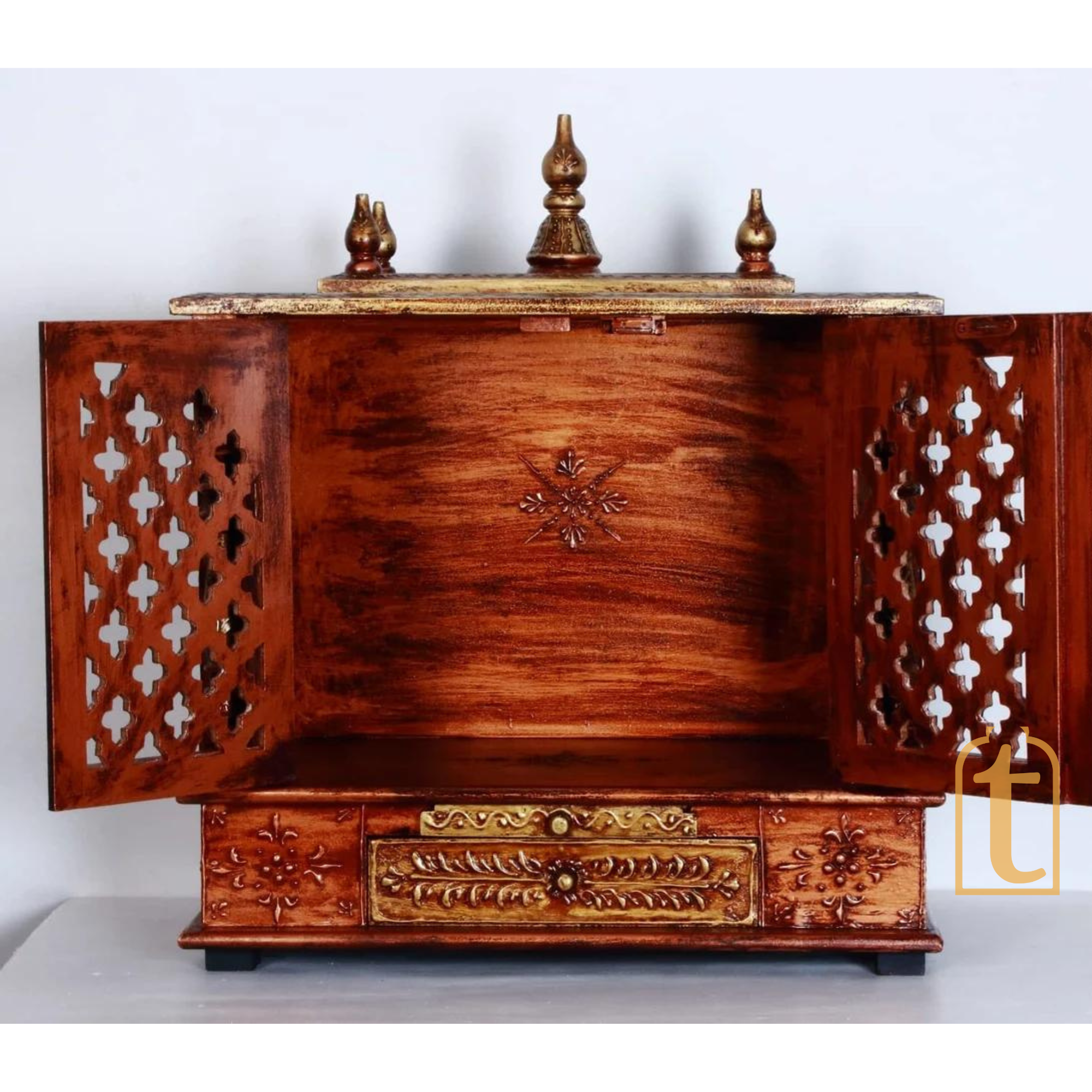 Wooden Home Temple with Door | Large Wall Mounted Pooja Mandir | Handmade Brown Prayer Shrine for Worship