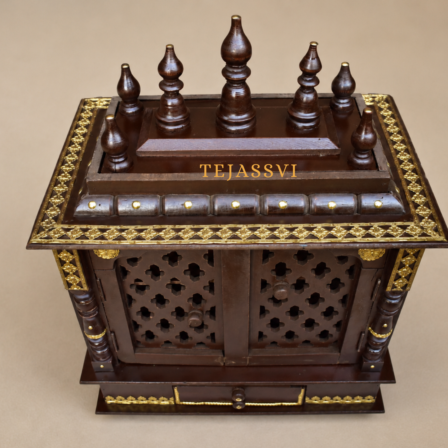 Wooden Wall Mounted Pooja Mandir with Door and Metal | Large Handmade Brown Home Temple | Traditional Prayer Altar & Wooden Pooja Ghar for Worship