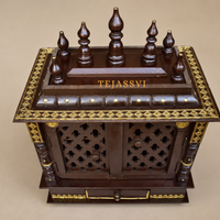 Wooden Wall Mounted Pooja Mandir with Door and Metal | Large Handmade Brown Home Temple | Traditional Prayer Altar & Wooden Pooja Ghar for Worship