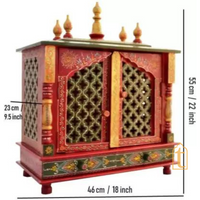 Wall Mount Wooden Pooja Temple | Large Handmade Prayer Mandir with Door | Brown Home Worship Unit