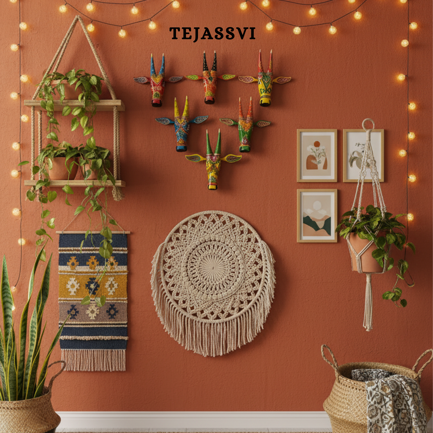 SET of 6 Wooden Painted Cow Head 16 Inches | Bull | Nandi Head Mask Wall Décor. Wooden Wall Hanging. Ethnic Indian Art.