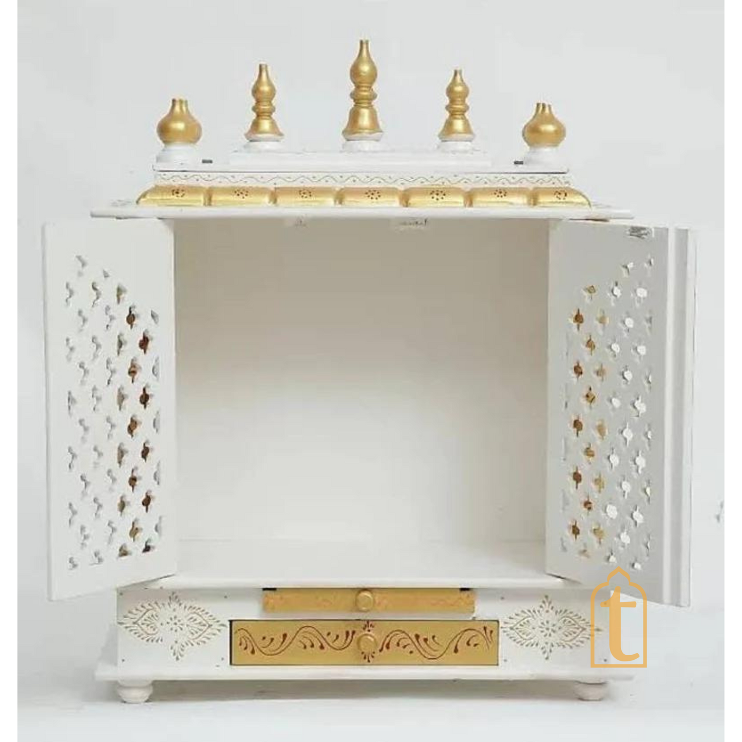 Brown Wooden Temple with Door | Handmade Wall Mounted Pooja Mandir | Large Home Prayer Altar for Diwali