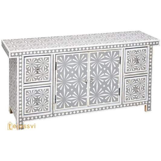 Wooden Handmade Bone Inlay Sideboard | Bone inlay 4 Drawer 1 Door Dresser/Storage Cabinet | Bone Inlay Sideboard Snow In Grey.