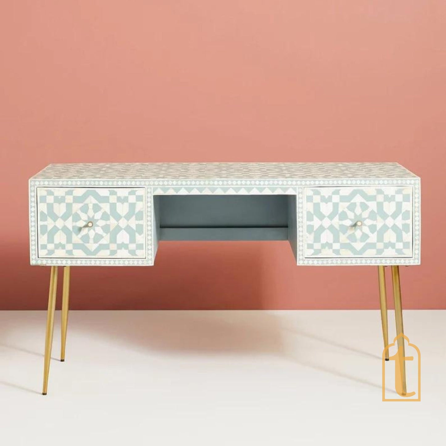 Bone inlay Work Desk | laptop table | console table | Bone Inlay Wooden Console Table Bone Inlay Desk With 2Drawer Furniture With Metal Leg.