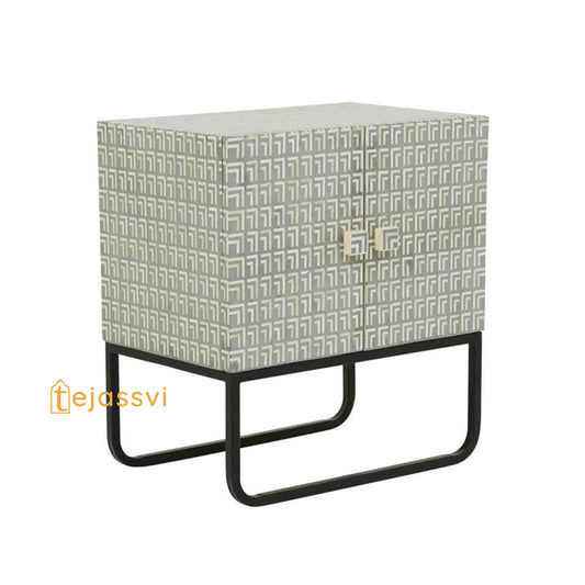 Handmade MOP Bone Inlay Bedside Table | Hand Crafted Orleans design Nightstand | Bone Inlay Bedside Console/Cabinet, Modern Luxury Furniture