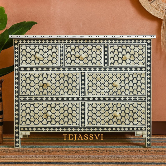Honeycomb Design Black Handmade Bone Inlay dresser/7 Chest of Drawer, Bone inlay Sideboard Honeycomb black, Inlay Furniture Sideboard Unit.