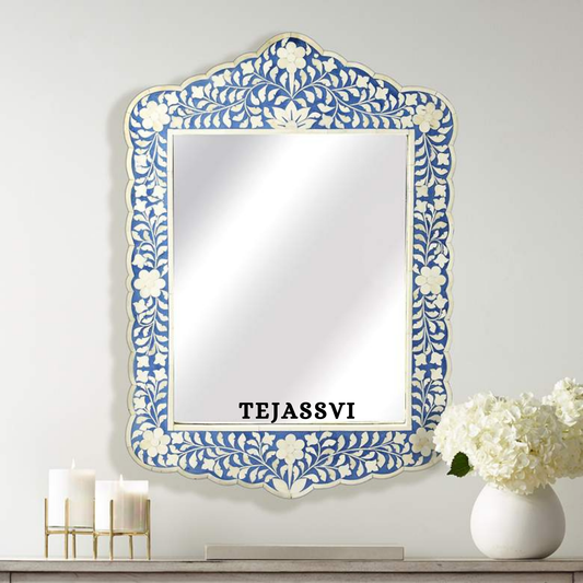 Bone Inlay floral design Blue Color Wall Hanging Large Mirror  / wooden bone inlay wall mirror / Wall Décor / Wall Hanging .