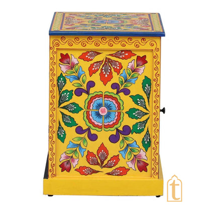Hand paint Solid Wood Bedside Cabinet With 1 Door In Yellow Colour, night stand hand paint night lamp stand.