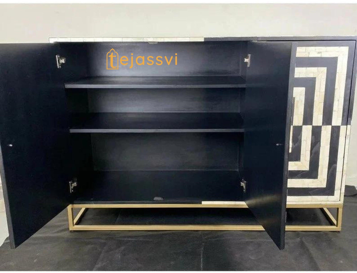 Handmade Indian Luxury Buffet/Table Bone Inlay Geometric Design Sideboard | Media Console & TV Unit  | Buffet Table in abstract Black Color.