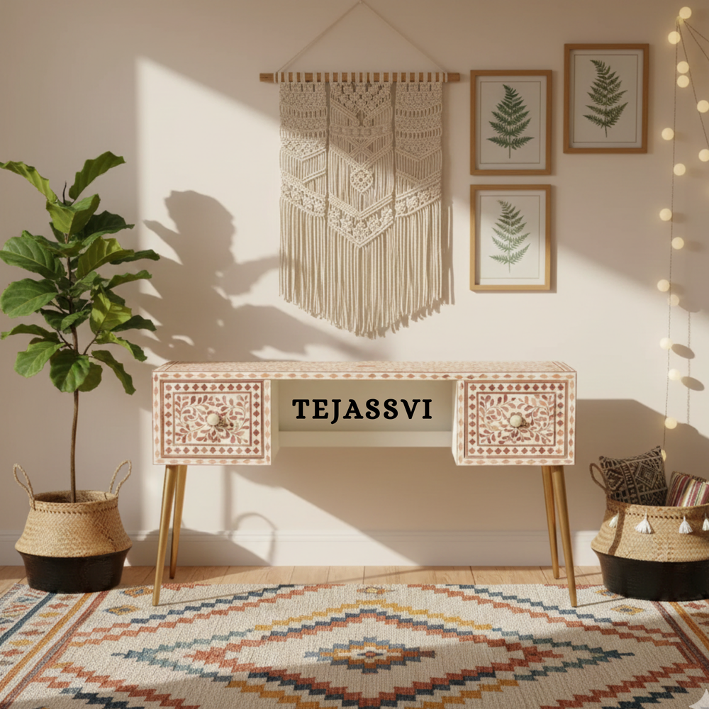 Handmade Wood Inlay Modern Desk / Console Table | Wood Inlay Desk With 2 Drawer Furniture With Metal Legs | Wooden Side Table | Luxury Table.