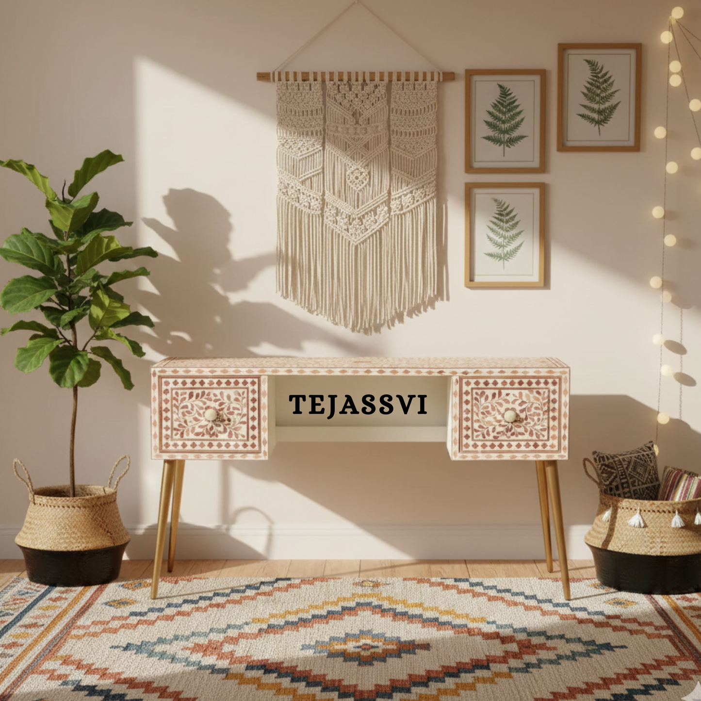 Handmade Wood Inlay Modern Desk / Console Table | Wood Inlay Desk With 2 Drawer Furniture With Metal Legs | Wooden Side Table | Luxury Table.