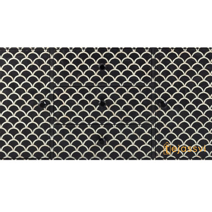 Bone Inlay Fish-scale Scalloped Sideboard in Black Color/Bone Inlay Media Console| Handmade  Bone Inlay Credenza Indian Luxury Buffet Table.