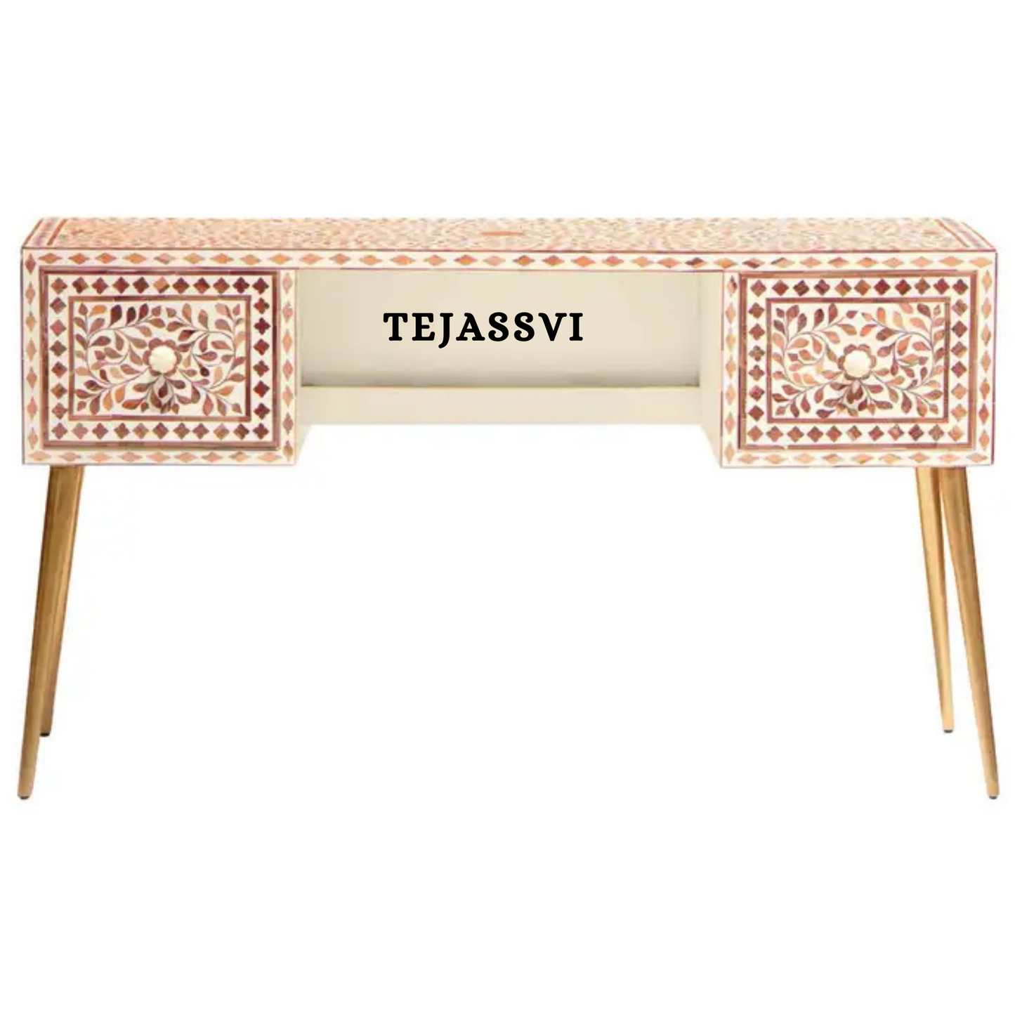 Handmade Wood Inlay Modern Desk / Console Table | Wood Inlay Desk With 2 Drawer Furniture With Metal Legs | Wooden Side Table | Luxury Table.