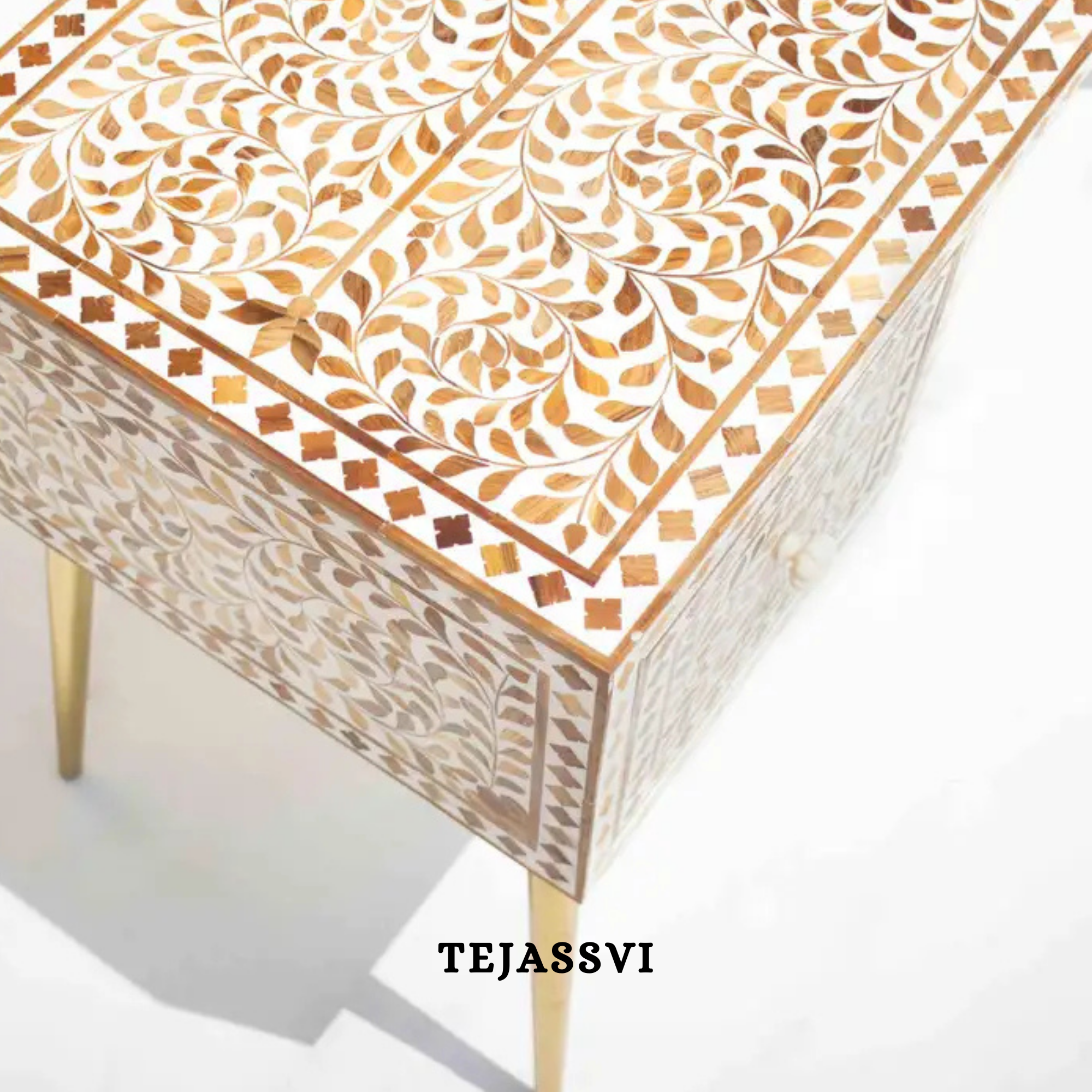 Handmade Wood Inlay Modern Desk / Console Table | Wood Inlay Desk With 2 Drawer Furniture With Metal Legs | Wooden Side Table | Luxury Table.