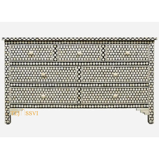 Honeycomb Design Black Handmade Bone Inlay dresser/7 Chest of Drawer, Bone inlay Sideboard Honeycomb black, Inlay Furniture Sideboard Unit.